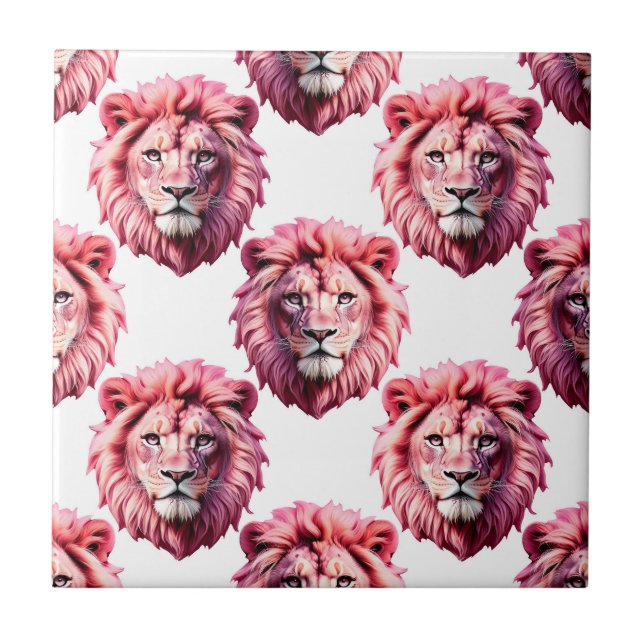 Pink Lion Head Animal Pattern Design White  Ceramic Tile (Front)