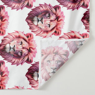 Pink Lion Head Animal Pattern Design White  Fabric