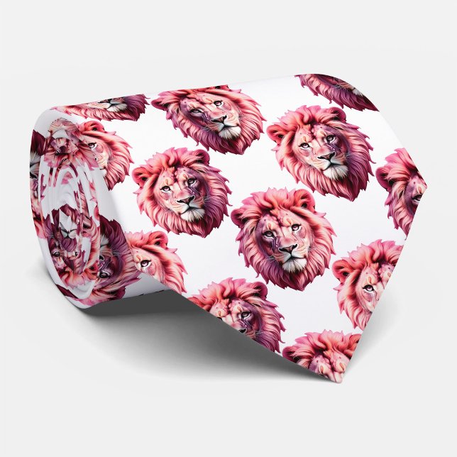 Pink Lion Head Animal Pattern Design White  Neck Tie (Creator Uploaded)