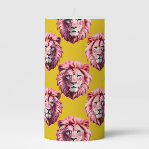 Pink Lion Head Animal Pattern Design Yellow Pillar Candle
