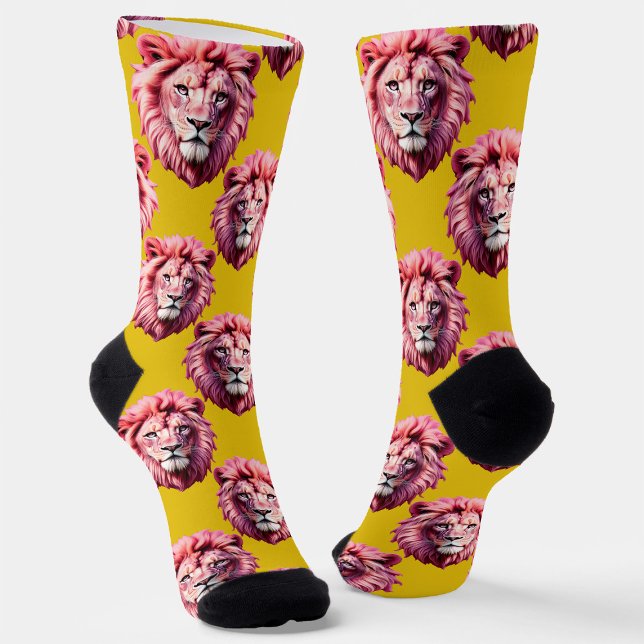 Pink Lion Head Animal Pattern Design Yellow  Socks (Creator Uploaded)