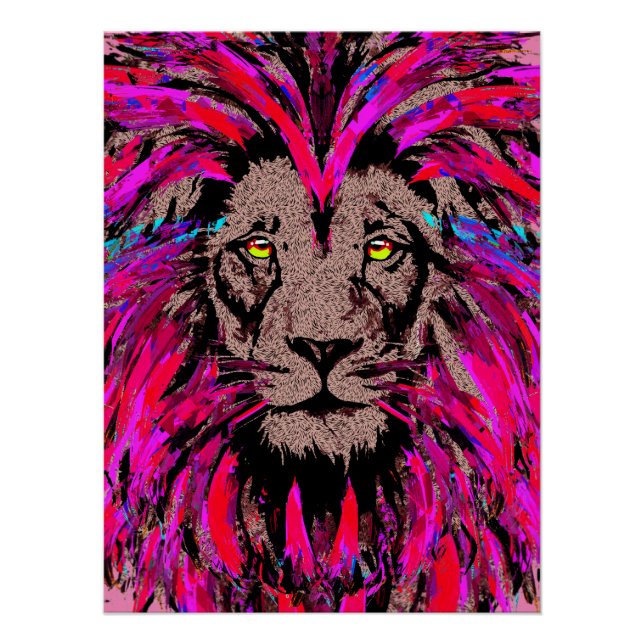 Pink Lion Head - Lion Face Portrait Drawing Poster (Front)
