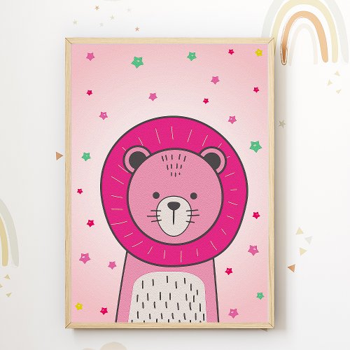 Pink Lion Kids Room Poster Animal Nursery Print