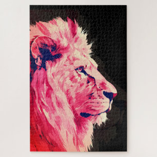 Pink Lion Majesty on Black Canvas Jigsaw Puzzle