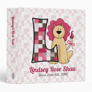 Pink Lion Monogram Letter L Baby Scrapbook Binder