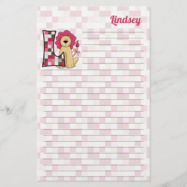 Pink Lion Monogram Letter L Lined with Name Stationery (Front)