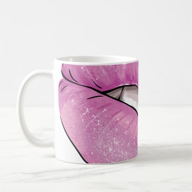 Pink lip color gloss with teeth coffee mug (Left)