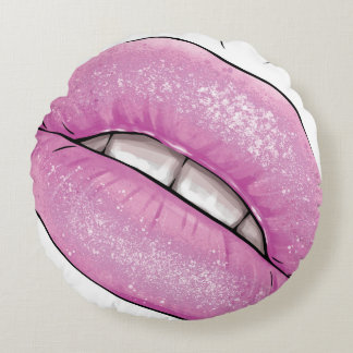 Pink lip color gloss with teeth round pillow