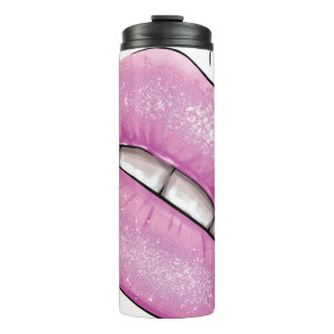 Pink lip color gloss with teeth thermal tumbler