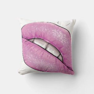 Pink lip color gloss with teeth throw pillow