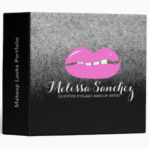 Pink Lip Faux Glitter Makeup Artist Salon Black 3 Ring Binder