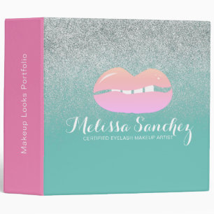 Pink Lip Faux Glitter Makeup Artist Salon Teal 3 Ring Binder