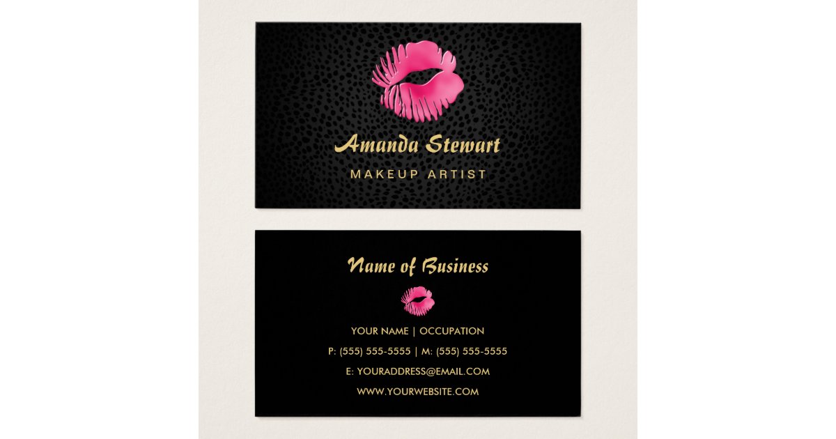 Pink Lip Gloss Kiss Black Cheetah Makeup Artist Business Card 