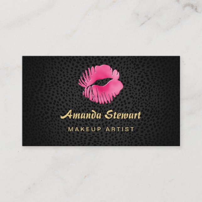 Pink Lip Gloss Kiss Black Cheetah Makeup Artist Business Card (Front)