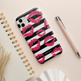 Pink Lip Print Kisses Black &amp; White Stripe Case-Mate iPhone 14 Case