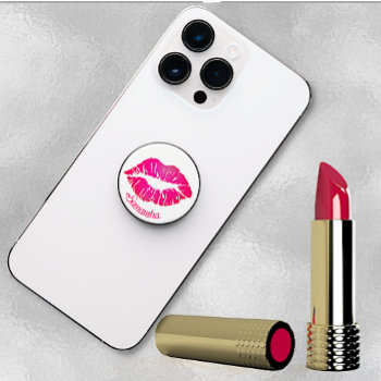 Pink Lip Print Personalized Popsocket by DizzyDebbie at Zazzle