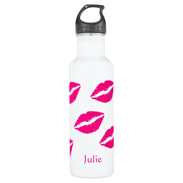 Pink Lip Stick Prints Water Bottle (Front)