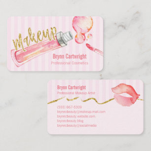 Pink Lipgloss and Stripes Makeup Business Card