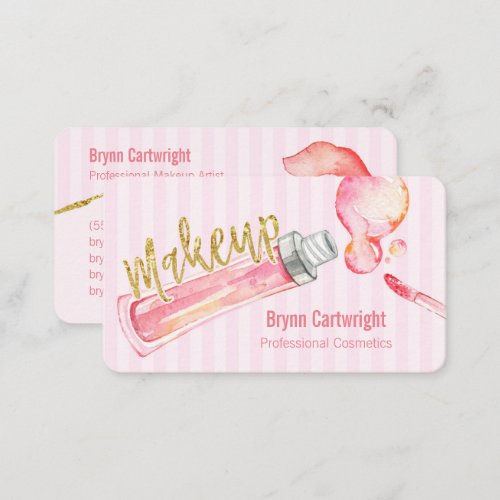 Pink Lipgloss and Stripes Makeup Business Card
