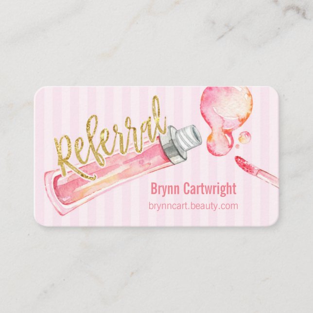 Pink Lipgloss and Stripes Makeup Referral Card (Front)