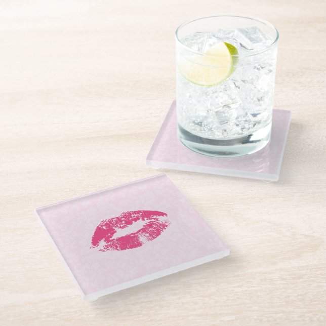 Pink Lips And Damask Glass Coaster (Angled)