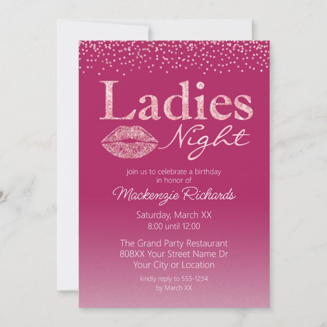 Pink Lips and Glamorous Glitter Ladies Night Invitation (Front)