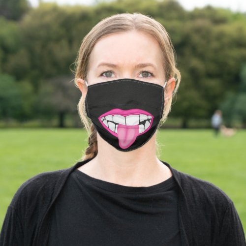 pink lips and tongue on black adult cloth face mask