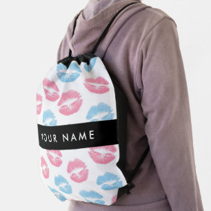 Pink Lips, Blue Lips, Kiss, Your Name, Personalise Drawstring Bag