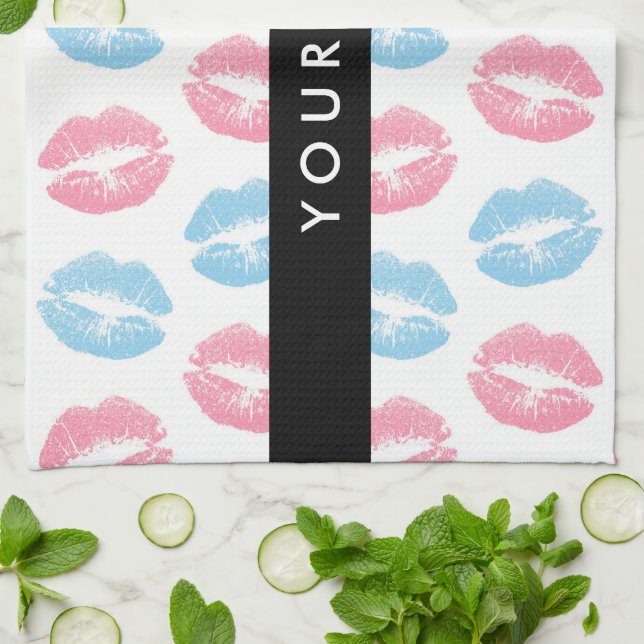 Pink Lips, Blue Lips, Kiss, Your Name, Personalise Kitchen Towel (Folded)