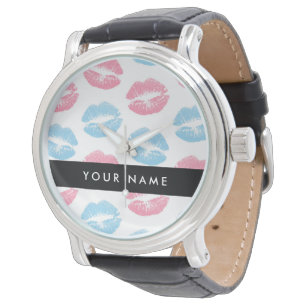 Pink Lips, Blue Lips, Kiss, Your Name, Personalise Watch