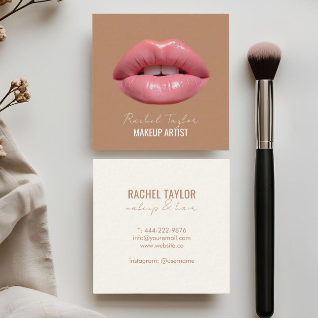 Pink Lips | Coffee Brown Square  Square Business Card (Creator Uploaded)