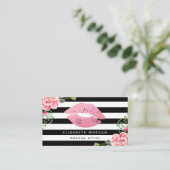 Pink Lips Floral Black White Stripes Makeup Artist Business Card (Standing Front)