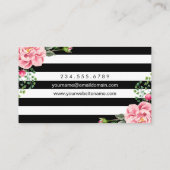 Pink Lips Floral Black White Stripes Makeup Artist Business Card (Back)