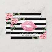 Pink Lips Floral Black White Stripes Makeup Artist Business Card (Front/Back)