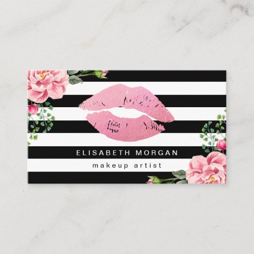 Pink Lips Floral Black White Stripes Makeup Artist Business Card