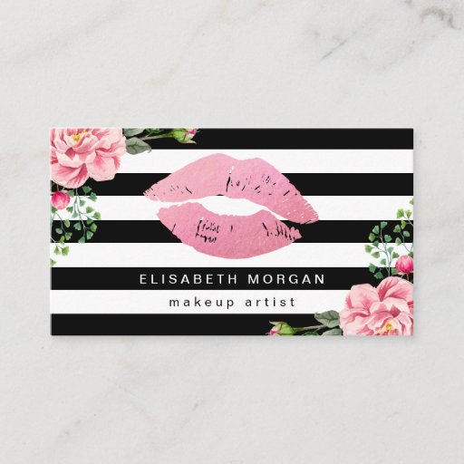 Customizable Pink Lips Floral Black White Stripes Makeup Artist Business Card
