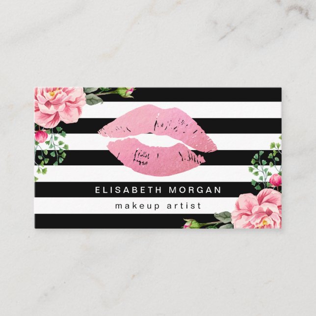 Pink Lips Floral Black White Stripes Makeup Artist Business Card (Front)
