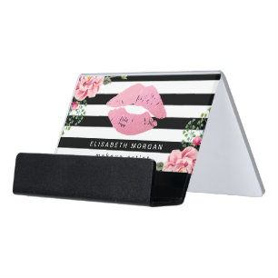 Pink Lips Floral Wrapping Makeup Artist Desk Business Card Holder
