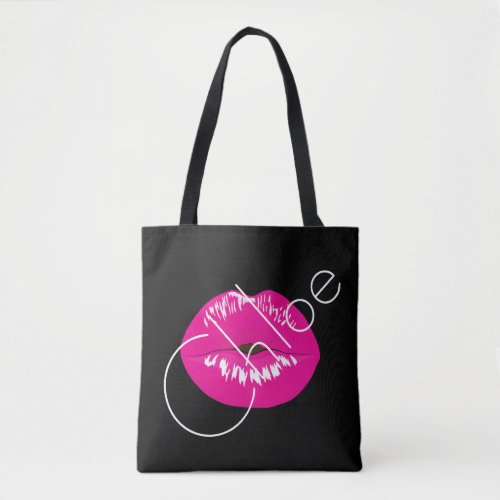 Pink Lips Kiss Black Name Customize Tote Bag