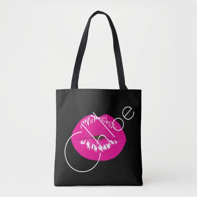 Pink Lips Kiss Black Name Customize Tote Bag (Front)