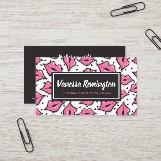 Pink Lips Kiss Lipstick Beauty Distributor Custom Business Card (Front/Back In Situ)