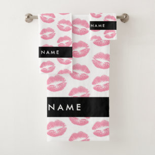 Pink Lips, Kiss, Lipstick, Your Name, Personalise Bath Towel Set