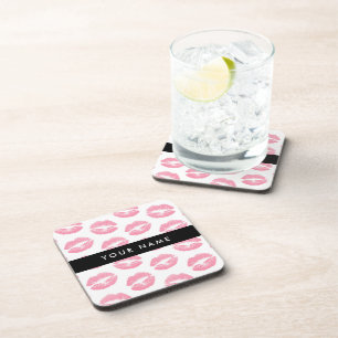 Pink Lips, Kiss, Lipstick, Your Name, Personalise Beverage Coaster