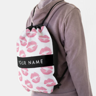 Pink Lips, Kiss, Lipstick, Your Name, Personalise Drawstring Bag