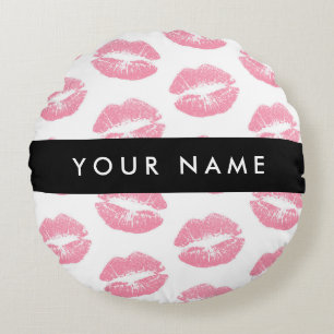 Pink Lips, Kiss, Lipstick, Your Name, Personalise Round Pillow