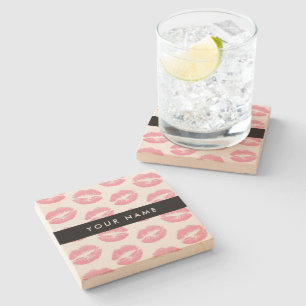Pink Lips, Kiss, Lipstick, Your Name, Personalise Stone Coaster