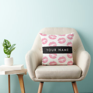 Pink Lips, Kiss, Lipstick, Your Name, Personalise Throw Pillow