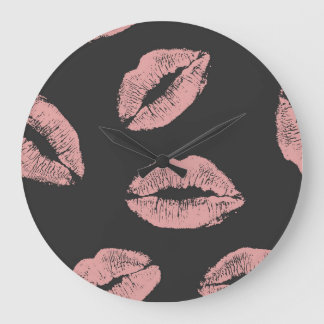 Pink lips kisses, Valentine's day pattern. Large Clock