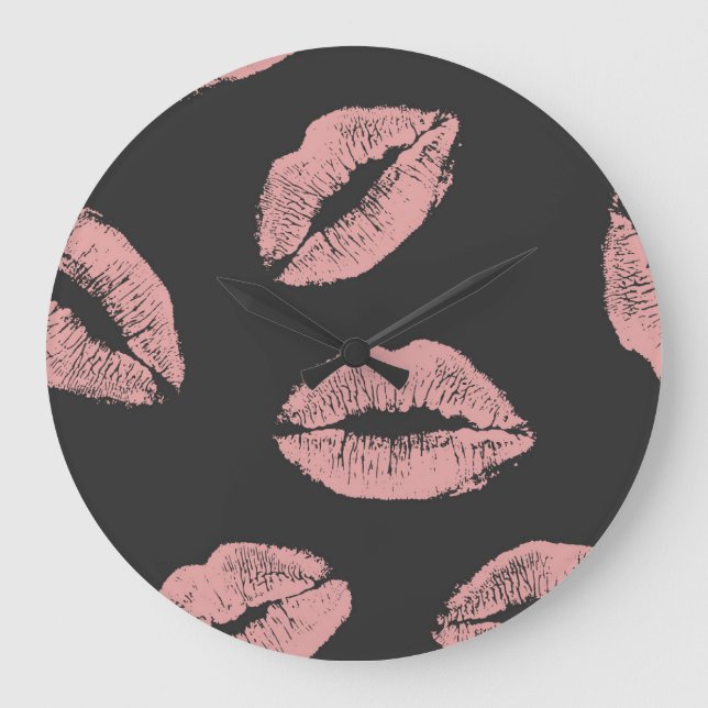 Pink lips kisses, Valentine's day pattern. Large Clock (Front)