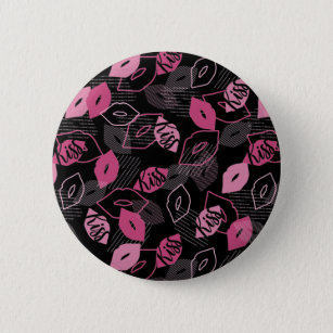 Pink Lips Kissing Pattern Black Ver Button